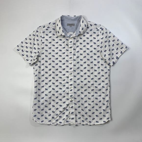 Ted Baker Shirt Mens 4 White Blue Allover Elephant Printed Cotton Short Sleeve - Picture 2 of 10